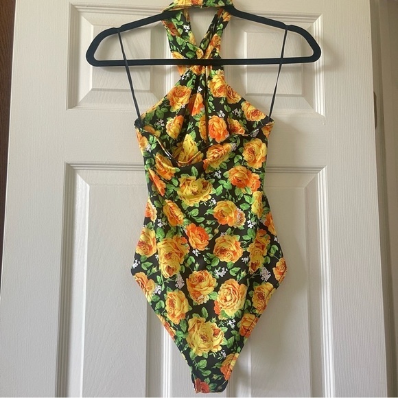 Zara Floral Halter Bodysuit Black Yellow Roses Size S - Picture 4 of 14